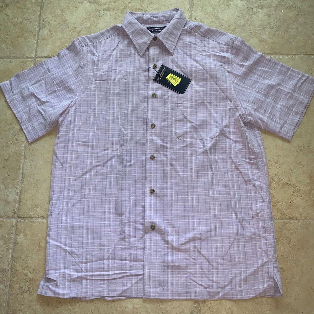 Purple/white patterned short sleeve button down